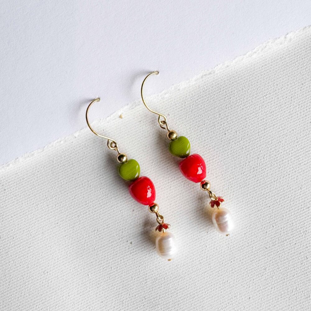 Apple Red Heart Beaded Drop Earrings Pearl Gold | Cute Artisan Statement - Picture 4 of 11